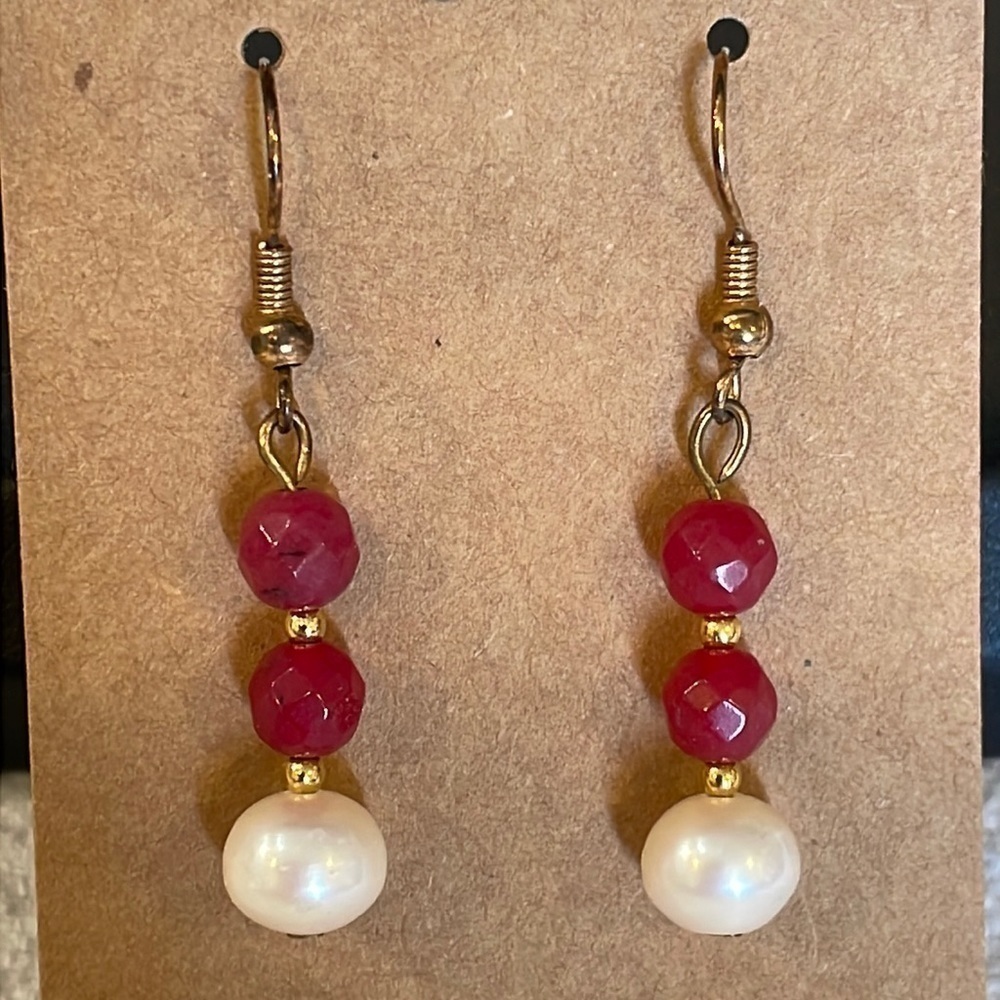 Natural Pearl triple bead long dangle drop gold tone